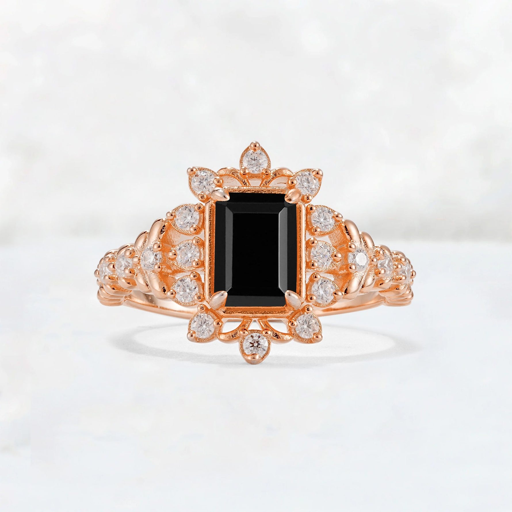 Emerald Cut Black Onyx Floral Halo Leaf Vine Engagement Ring - Additional view