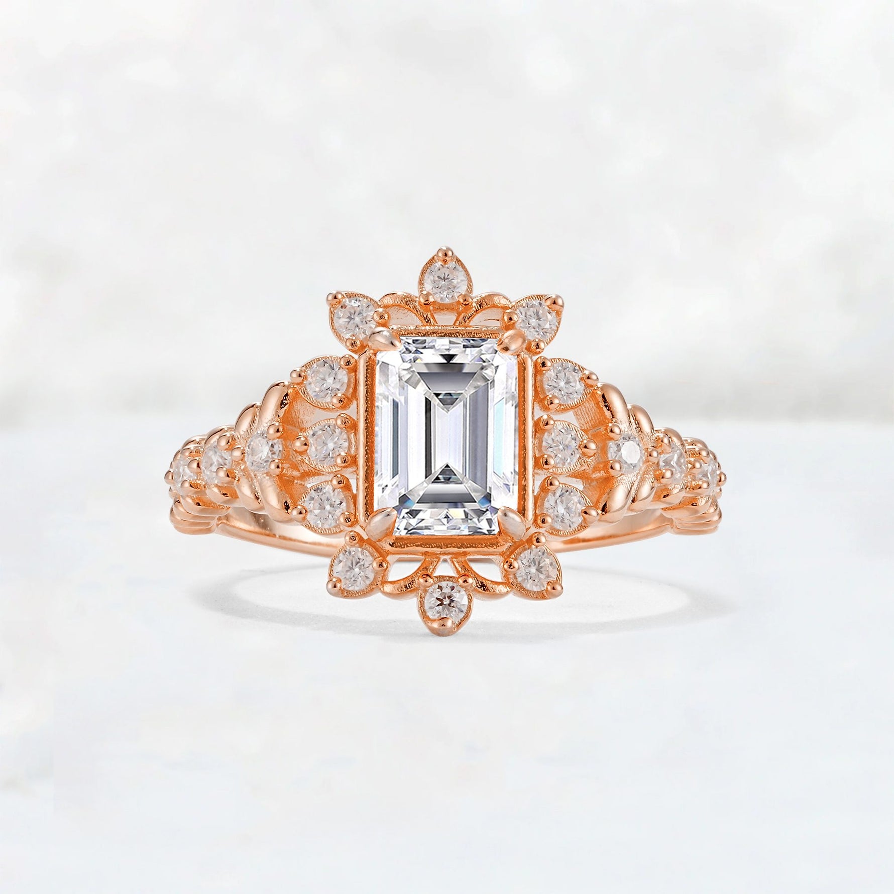 Emerald Cut Lab Diamond Floral Halo Leaf Vine Engagement Ring - Additional view