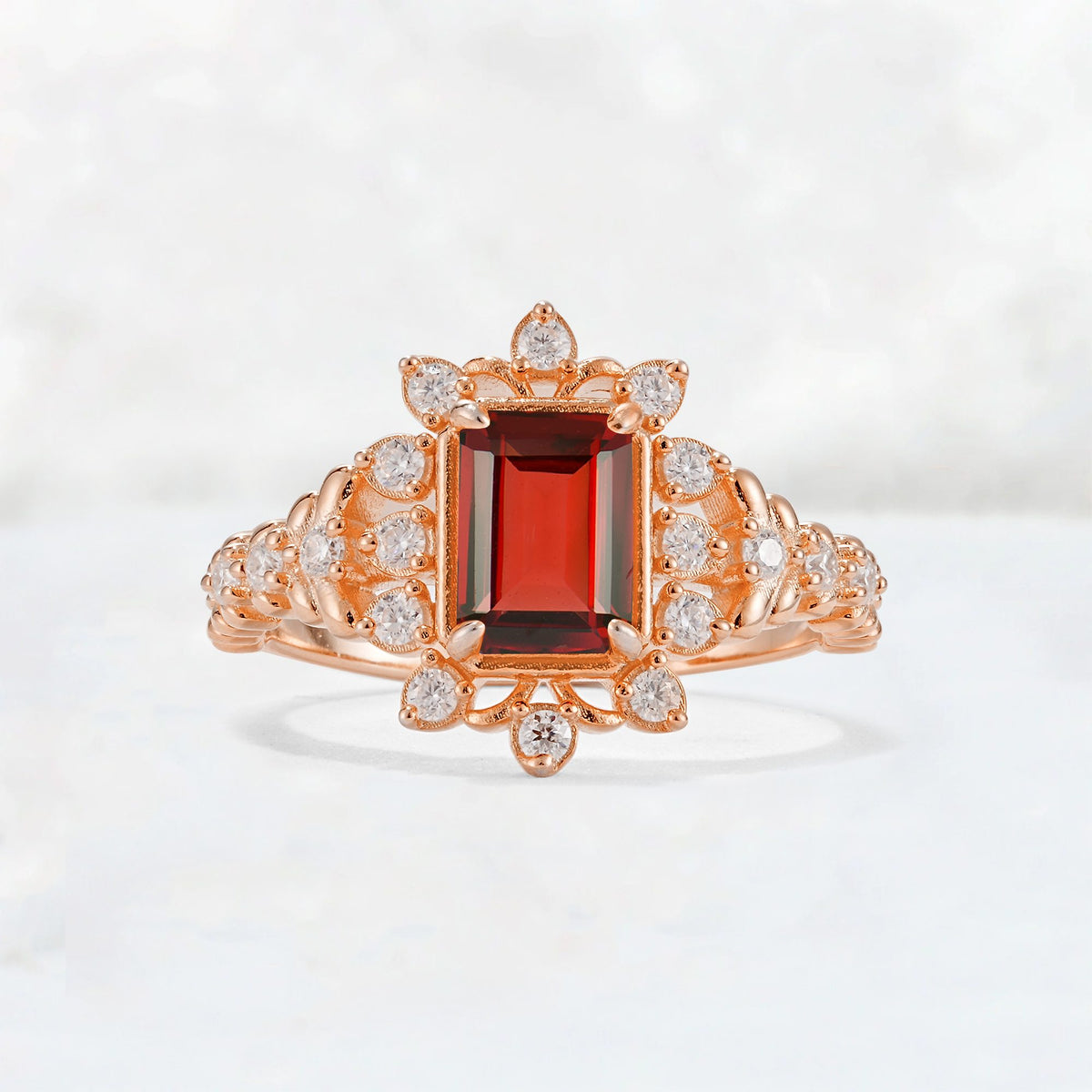 Emerald Cut Garnet Floral Halo Leaf Vine Engagement Ring - Additional view