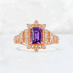 Emerald Cut Amethyst Floral Halo Leaf Vine Engagement Ring - Additional view