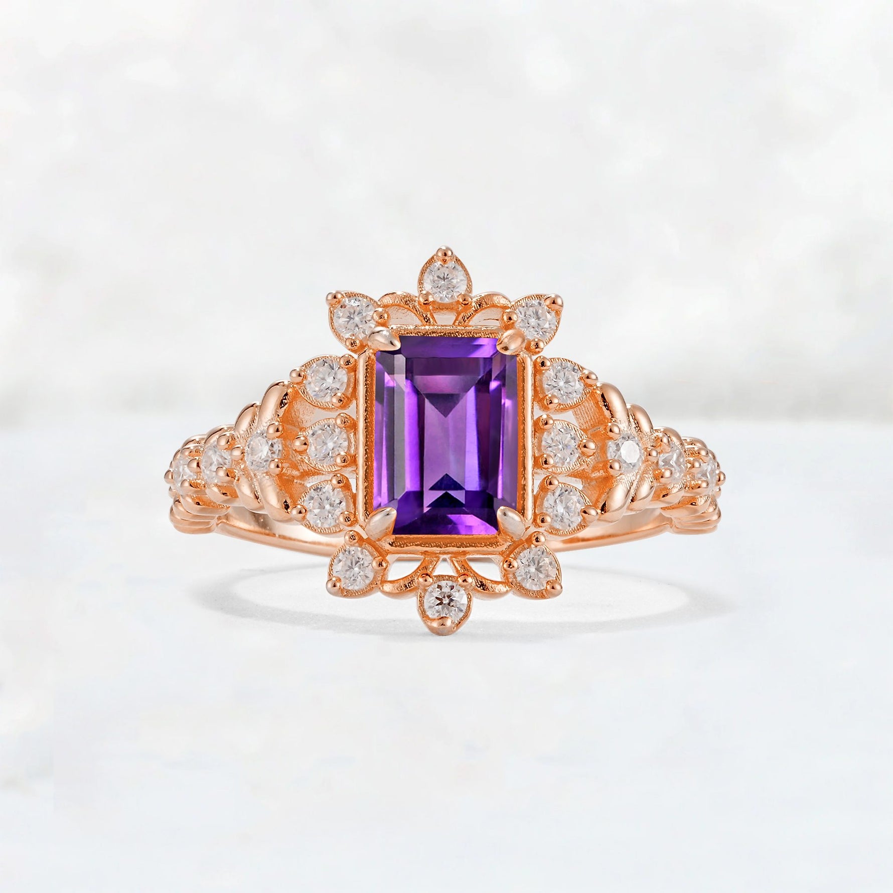 Emerald Cut Amethyst Floral Halo Leaf Vine Engagement Ring - Additional view