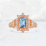 Emerald Cut Aquamarine Floral Halo Leaf Vine Engagement Ring - Additional view