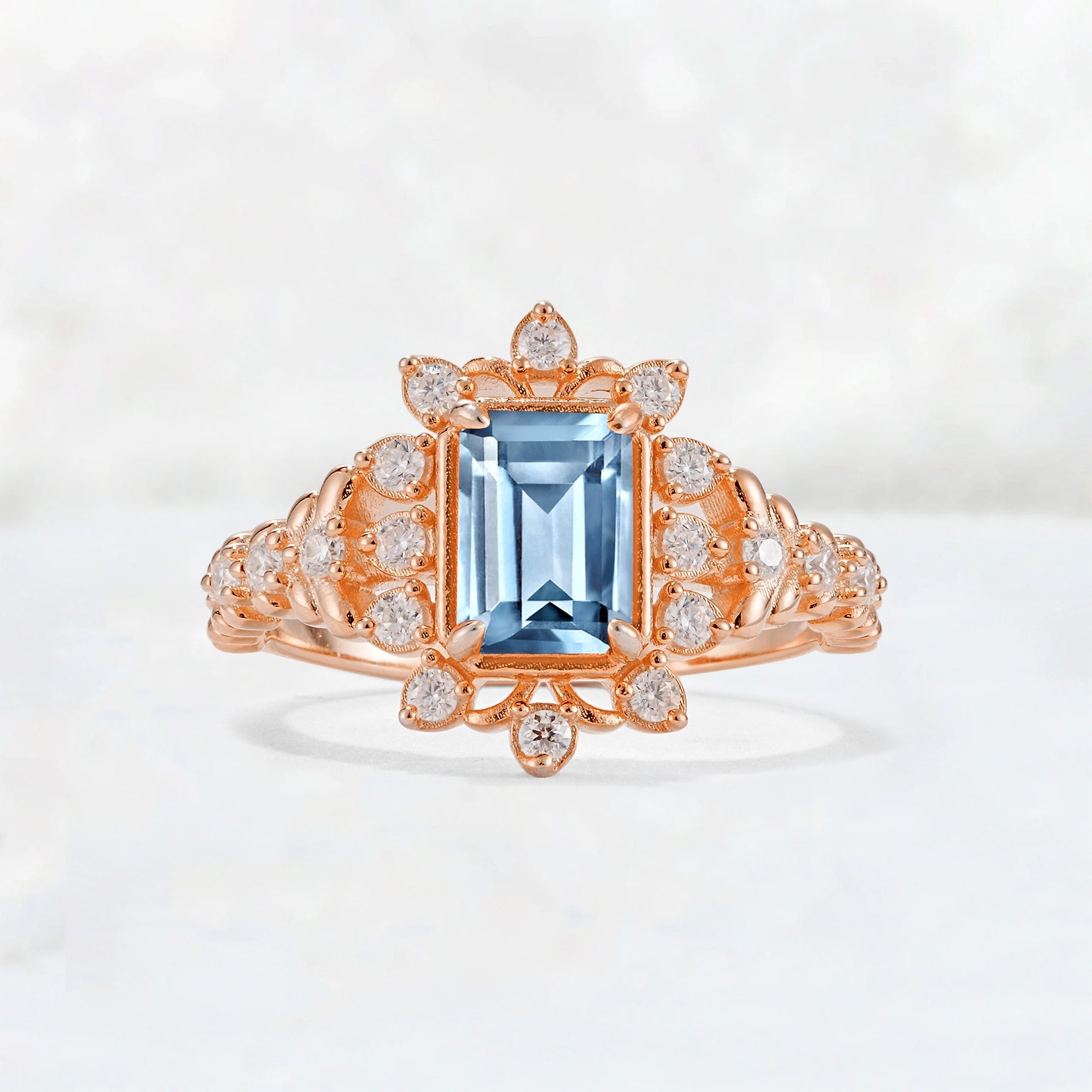 Emerald Cut Aquamarine Floral Halo Leaf Vine Engagement Ring - Additional view