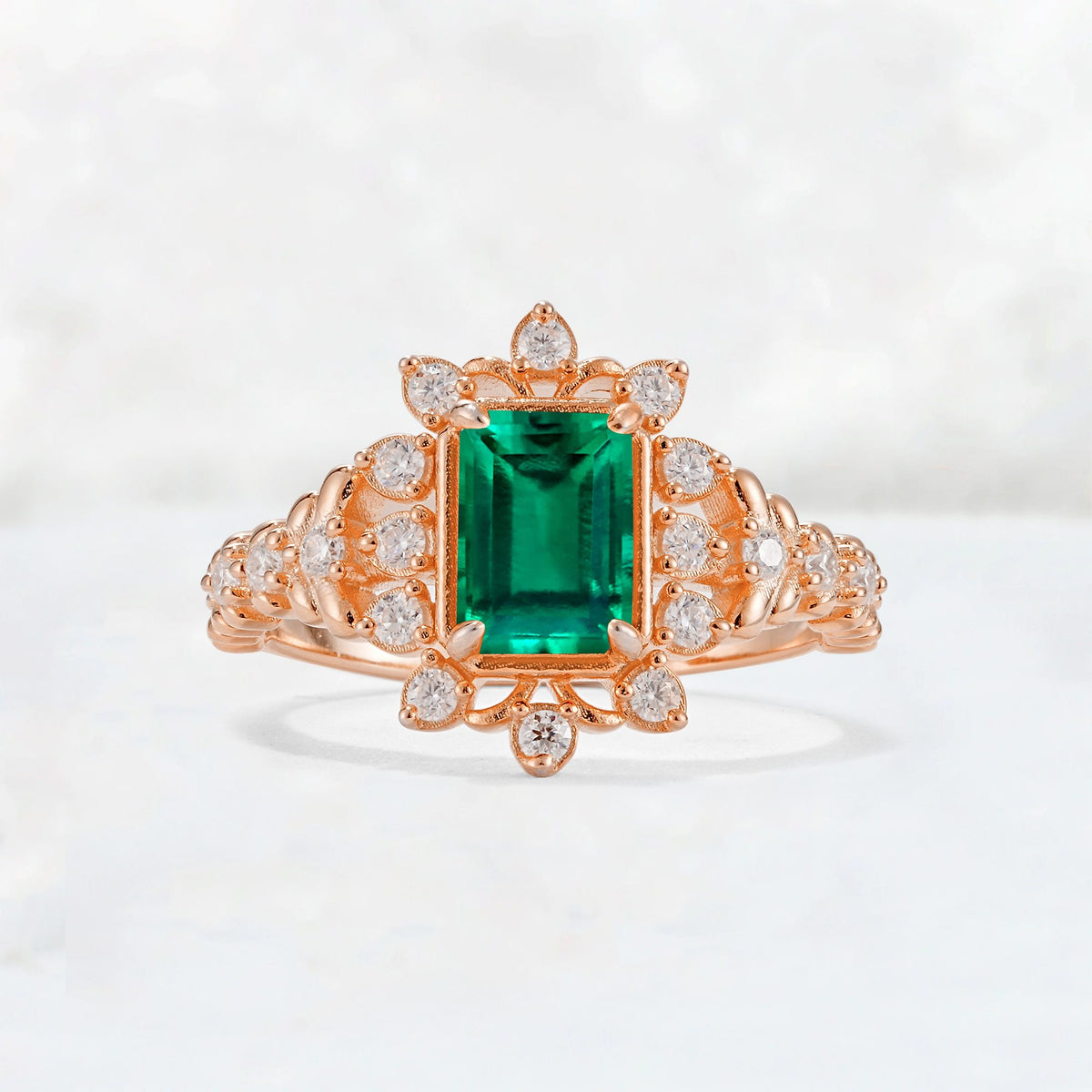 Emerald Cut Emerald Floral Halo Leaf Vine Engagement Ring - Additional view