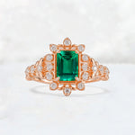 Emerald Cut Emerald Floral Halo Leaf Vine Engagement Ring - Additional view