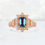 Emerald Cut Alexandrite Floral Halo Leaf Vine Engagement Ring - Additional view