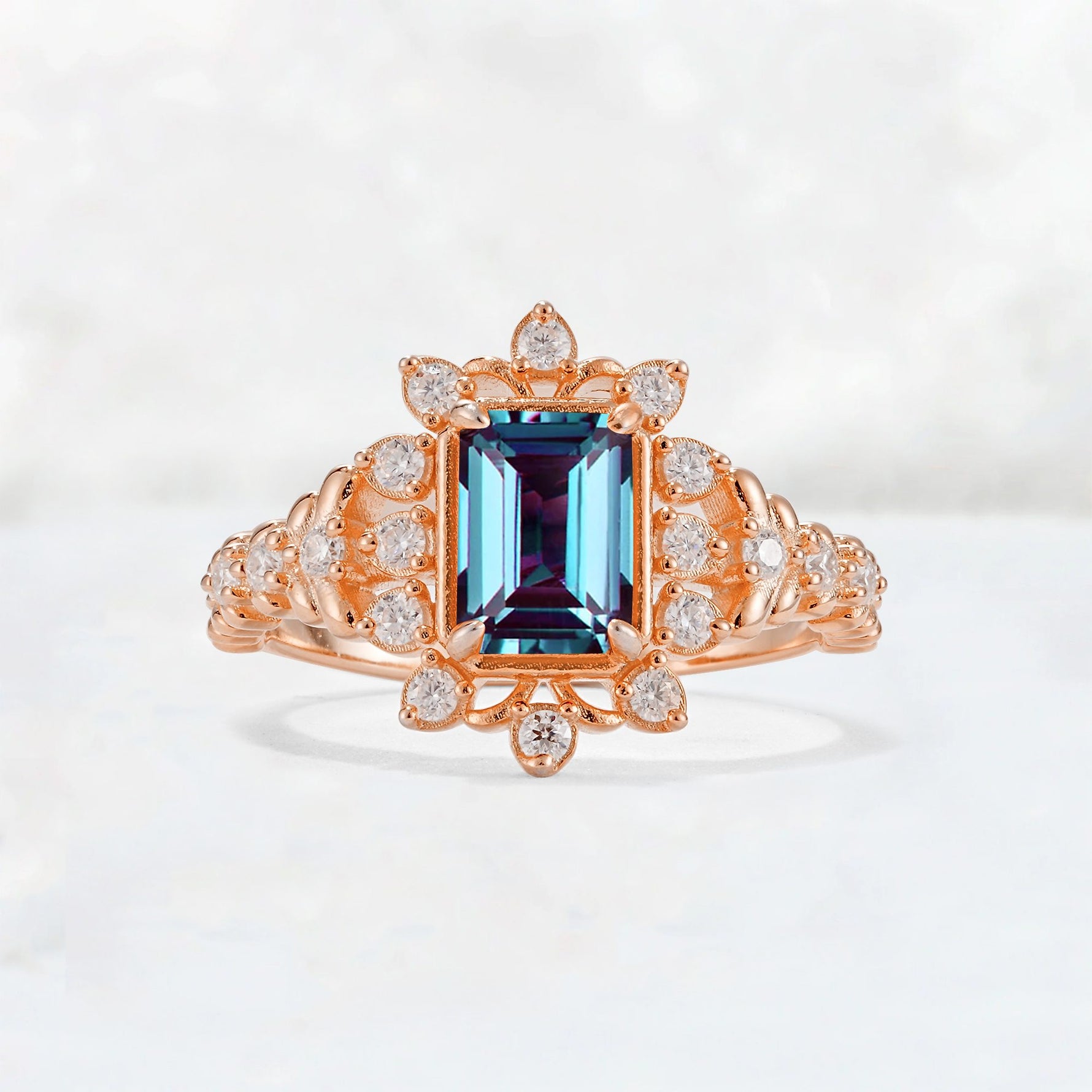 Emerald Cut Alexandrite Floral Halo Leaf Vine Engagement Ring - Additional view