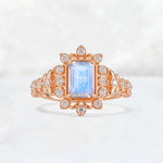 Emerald Cut Moonstone Floral Halo Leaf Vine Engagement Ring - Additional view