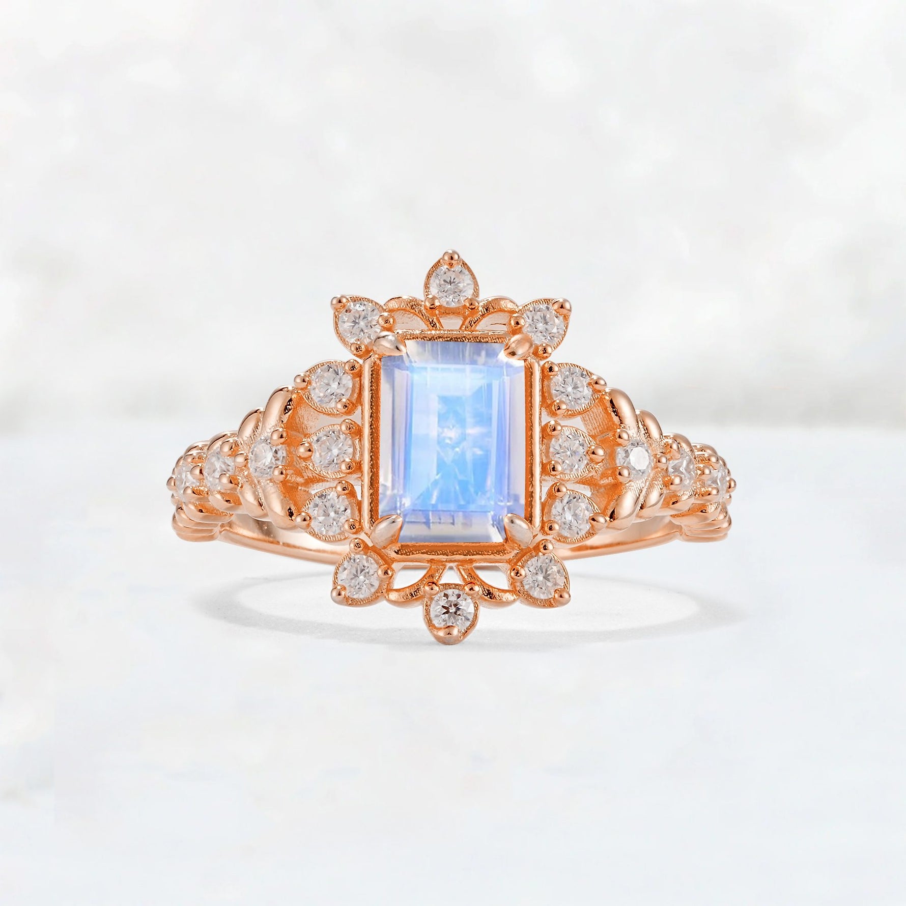 Emerald Cut Moonstone Floral Halo Leaf Vine Engagement Ring - Additional view