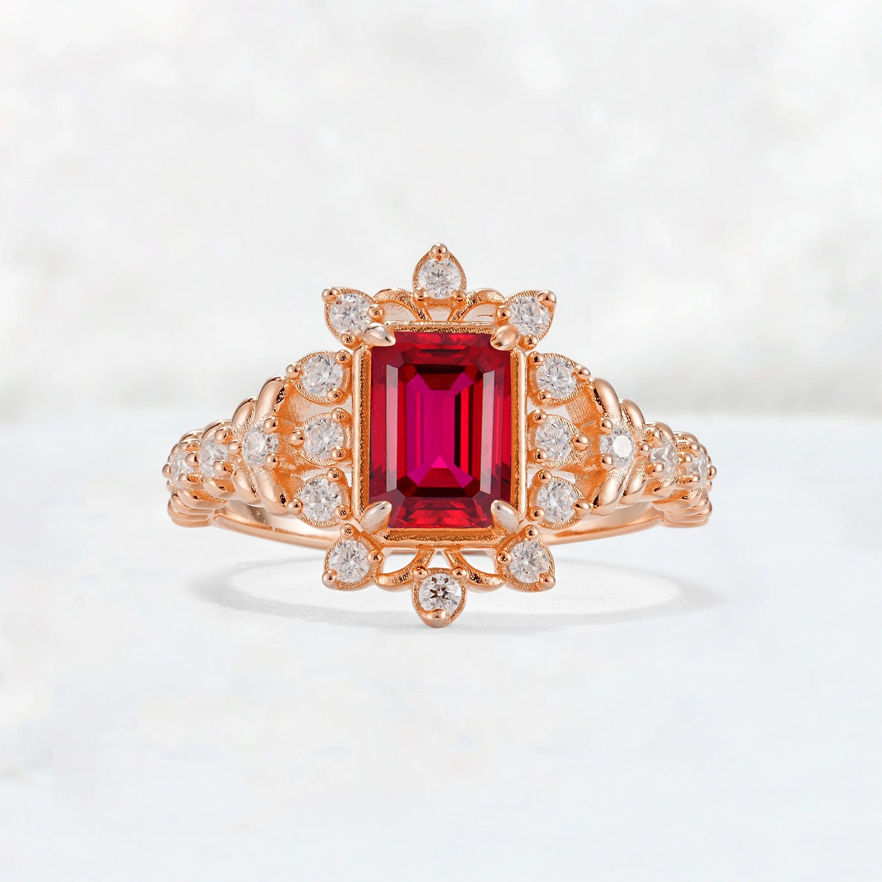 Emerald Cut Ruby Floral Halo Leaf Vine Engagement Ring - Additional view