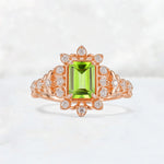 Emerald Cut Peridot Floral Halo Leaf Vine Engagement Ring - Additional view
