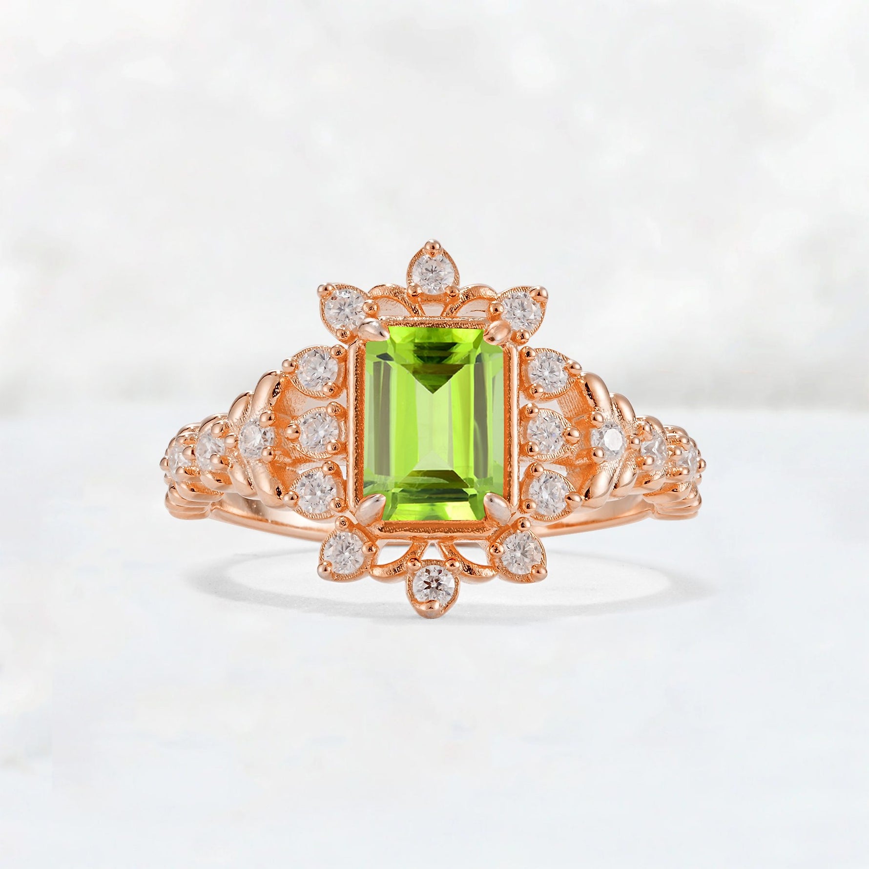 Emerald Cut Peridot Floral Halo Leaf Vine Engagement Ring - Additional view