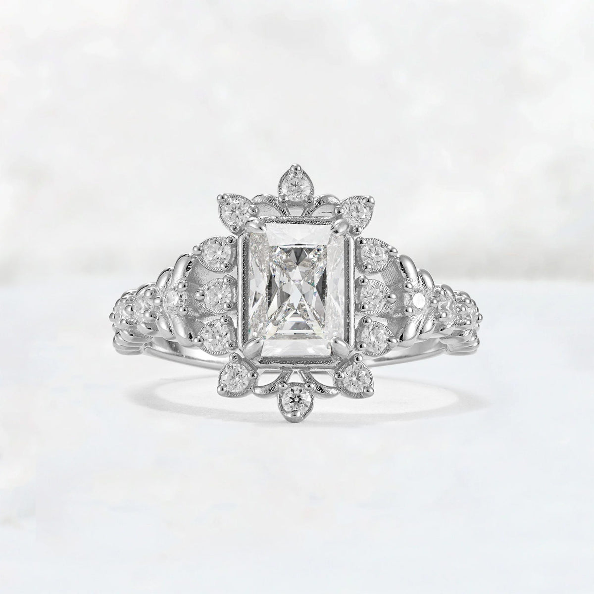 Emerald Cut Moissanite Floral Halo Leaf Vine Engagement Ring - Additional view