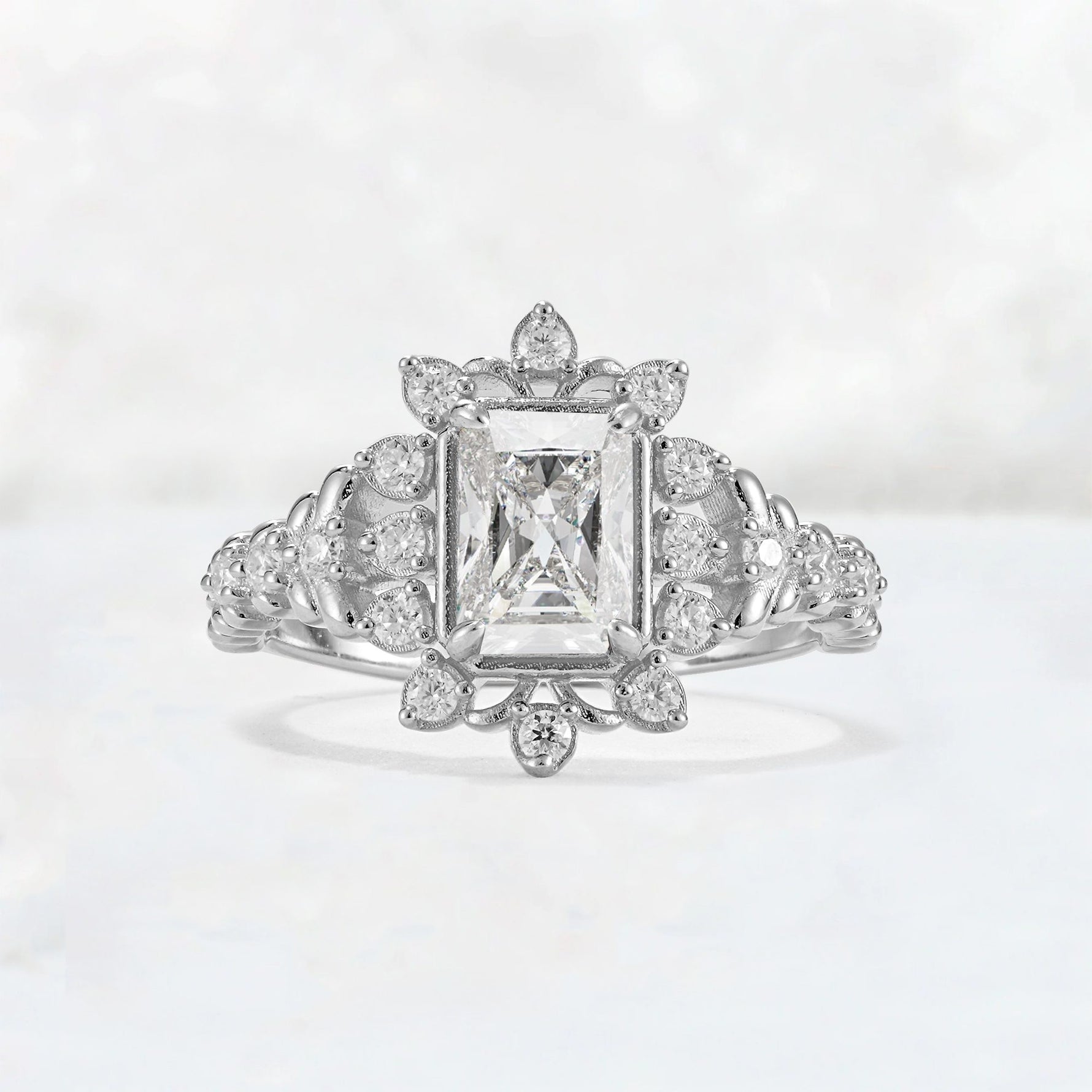 Emerald Cut Moissanite Floral Halo Leaf Vine Engagement Ring - Additional view