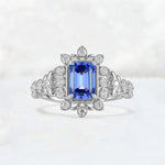 Emerald Cut Sapphire Floral Halo Leaf Vine Engagement Ring - Additional view