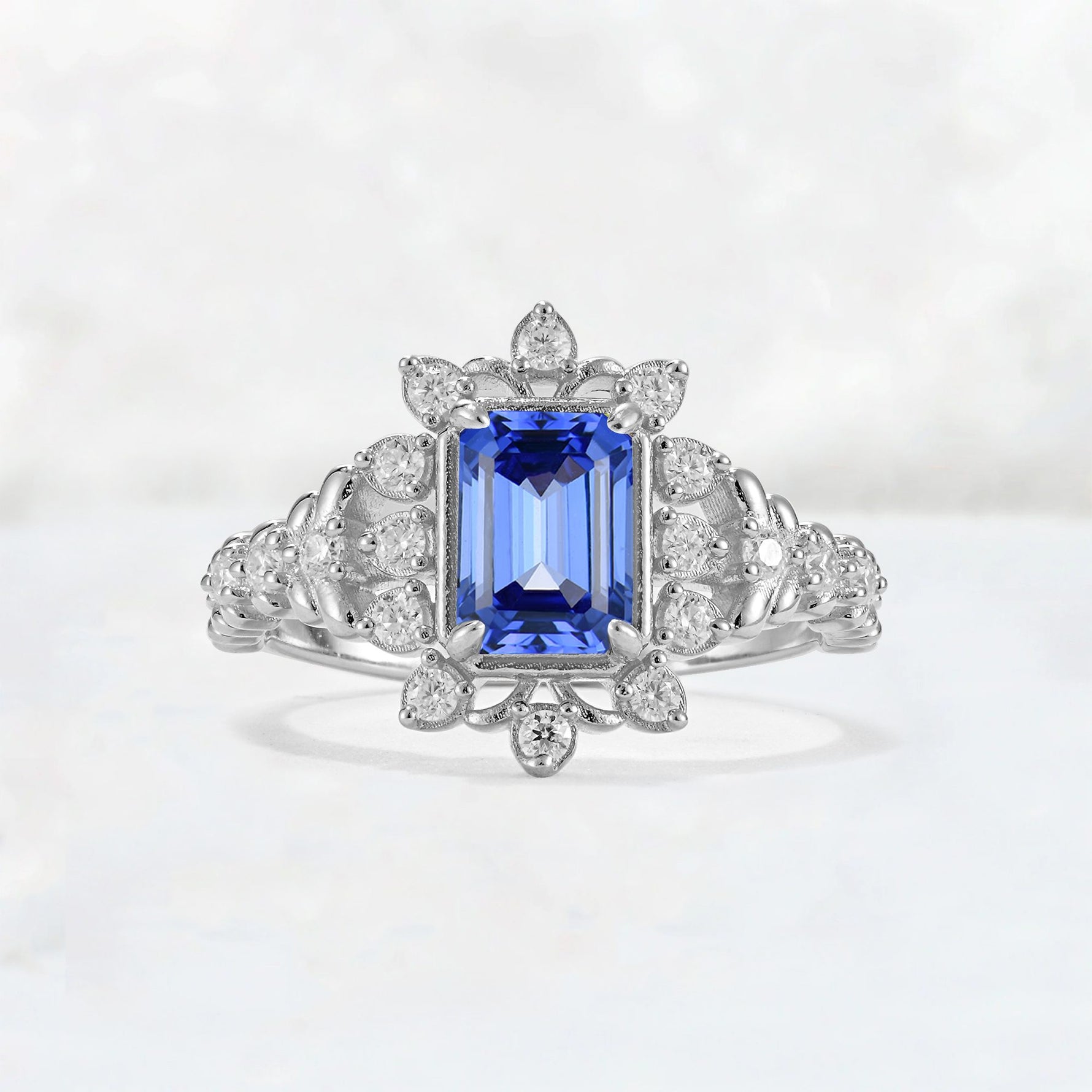 Emerald Cut Sapphire Floral Halo Leaf Vine Engagement Ring - Additional view