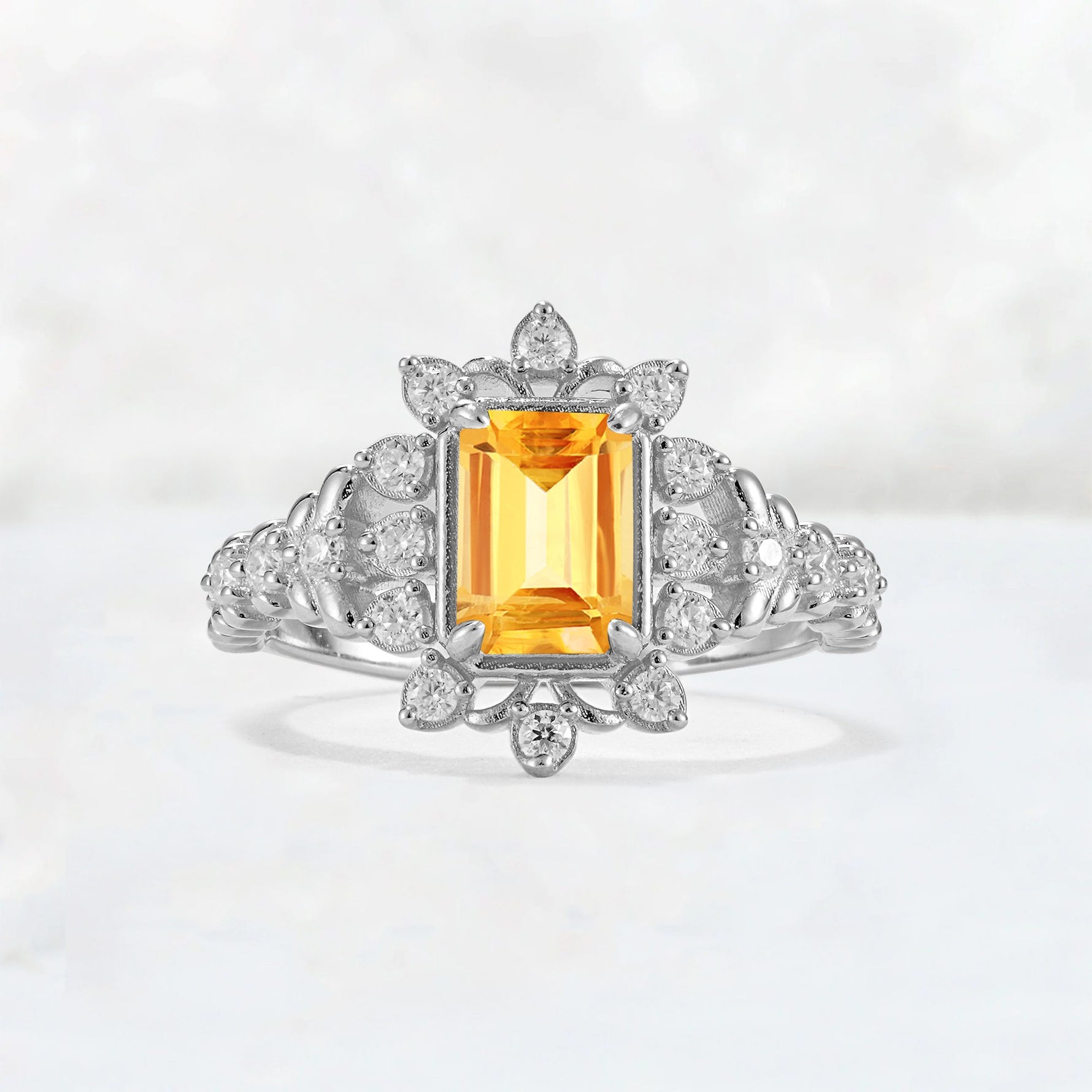 Emerald Cut Citrine Floral Halo Leaf Vine Engagement Ring - Additional view