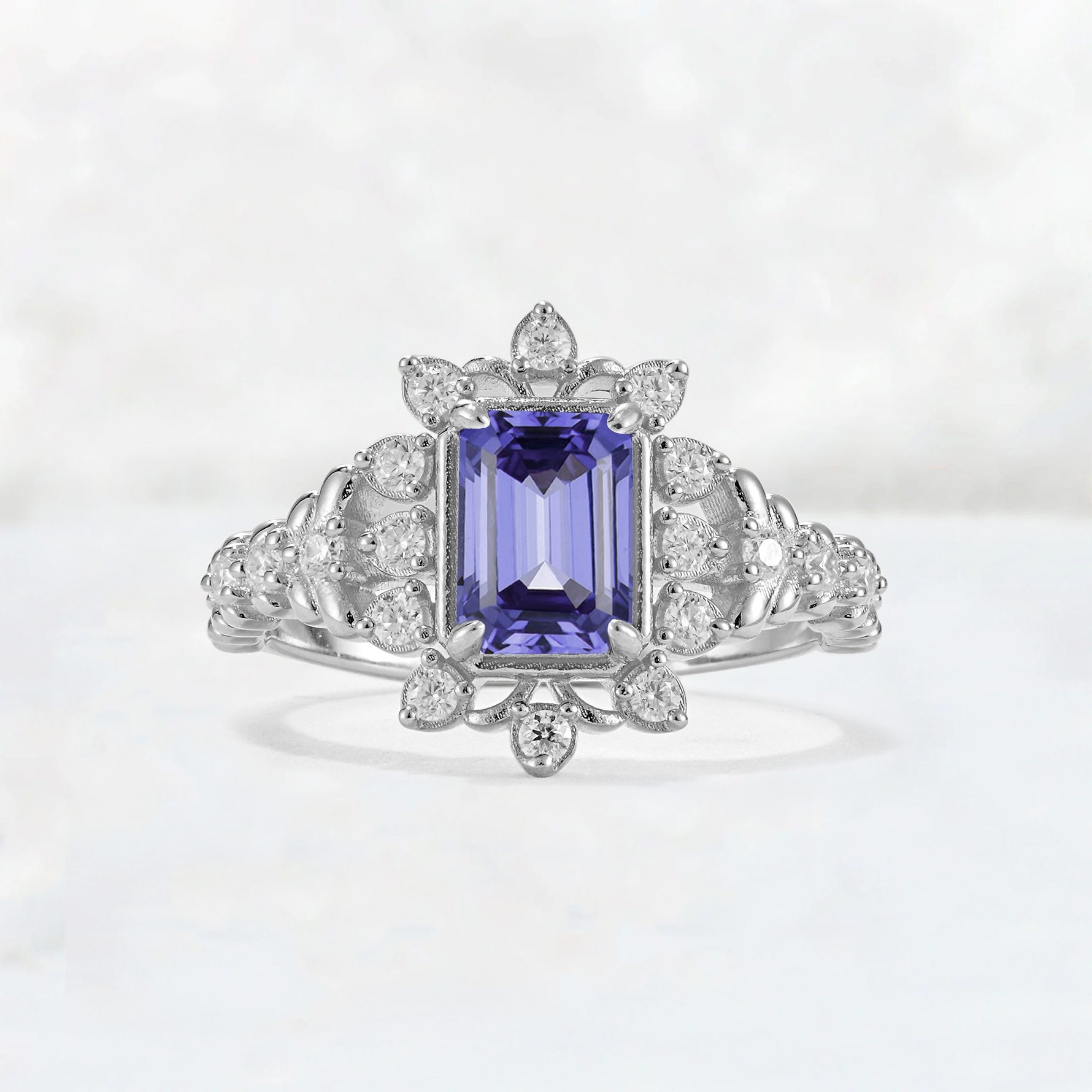 Emerald Cut Tanzanite Floral Halo Leaf Vine Engagement Ring - Additional view