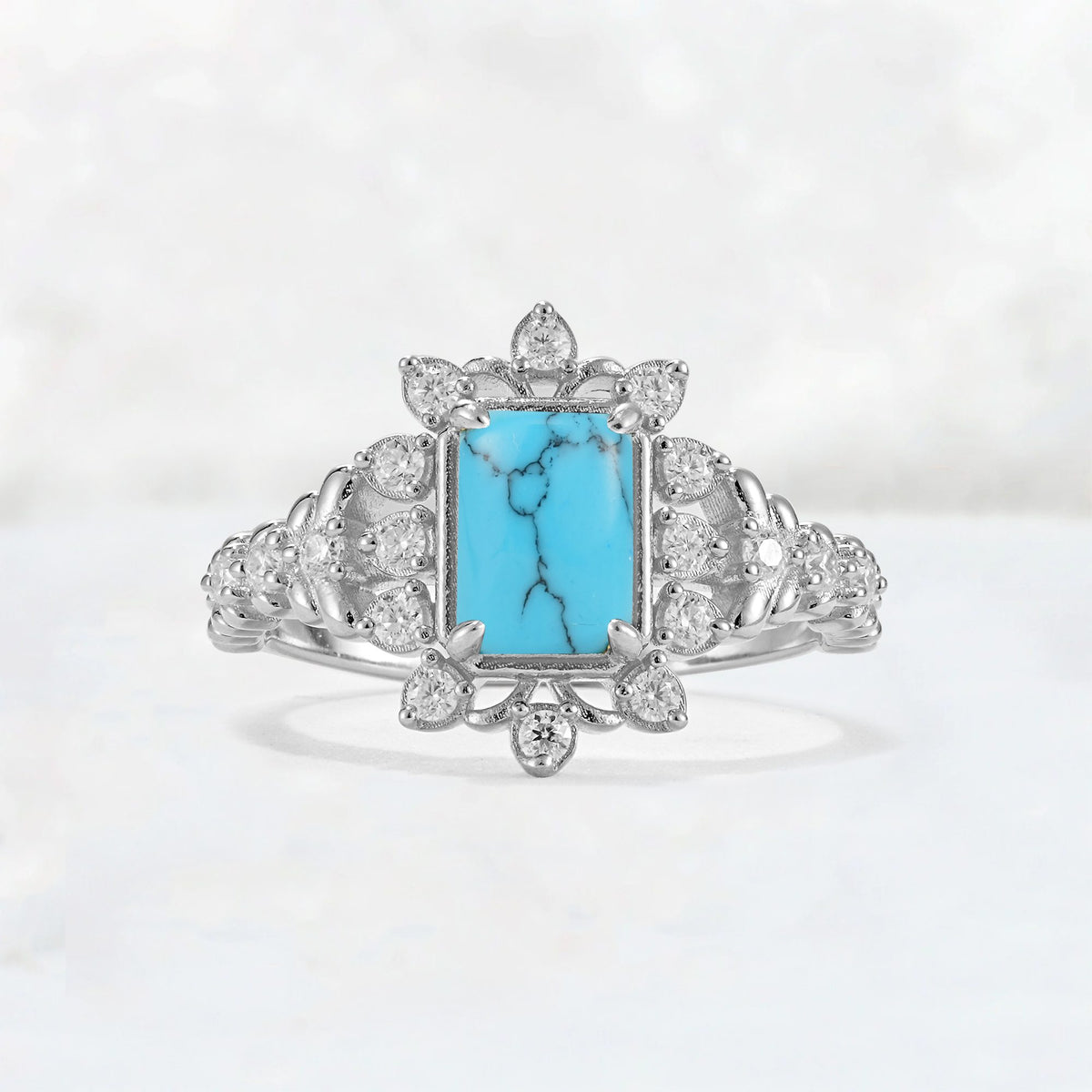 Emerald Cut Turquoise Floral Halo Leaf Vine Engagement Ring - Additional view