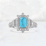 Emerald Cut Turquoise Floral Halo Leaf Vine Engagement Ring - Additional view