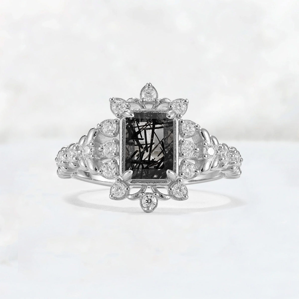 Emerald Cut Black Rutilated Quartz Floral Halo Leaf Vine Engagement Ring - Additional view