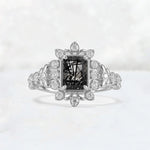 Emerald Cut Black Rutilated Quartz Floral Halo Leaf Vine Engagement Ring - Additional view