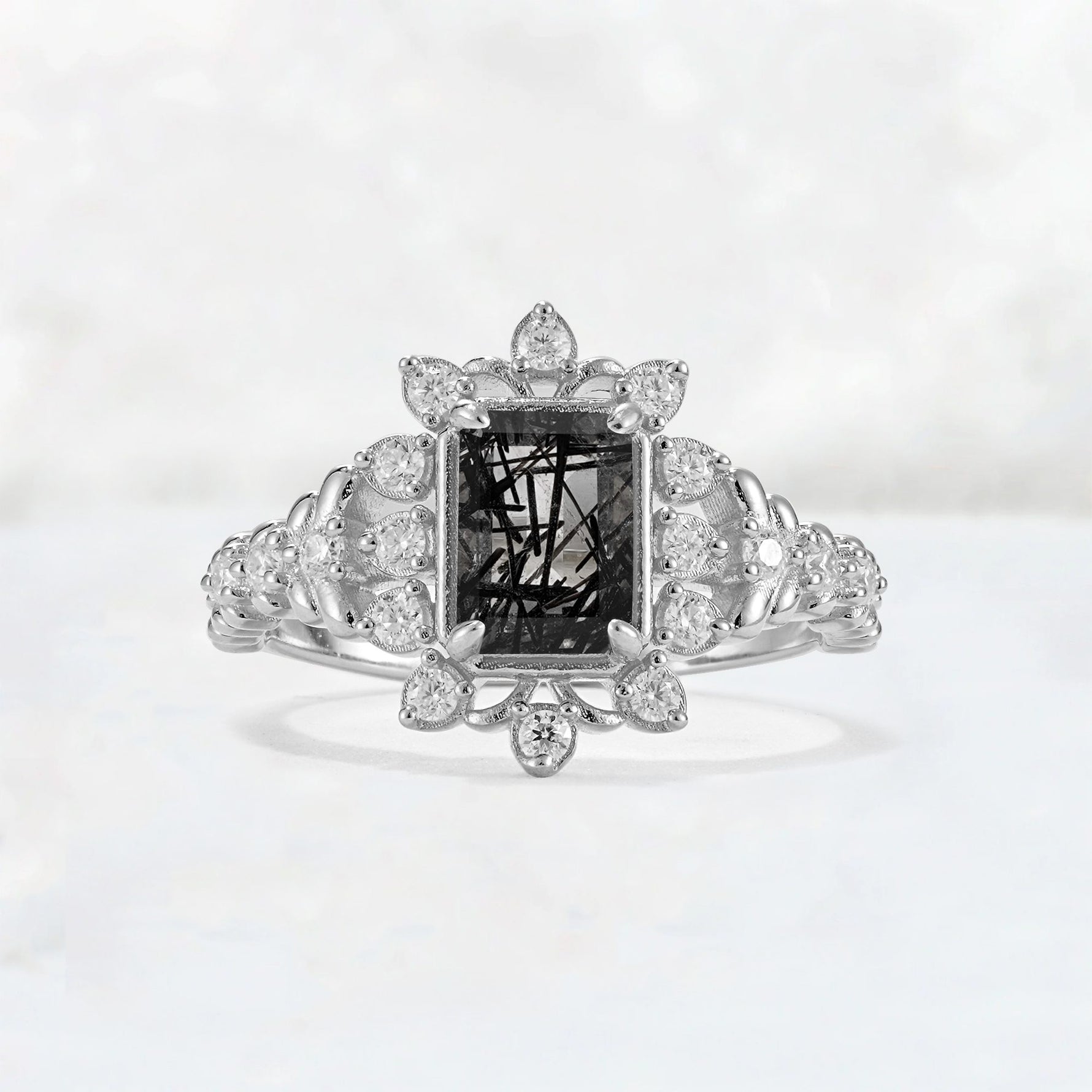 Emerald Cut Black Rutilated Quartz Floral Halo Leaf Vine Engagement Ring - Additional view