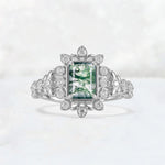Emerald Cut Moss Agate Floral Halo Leaf Vine Engagement Ring - Additional view