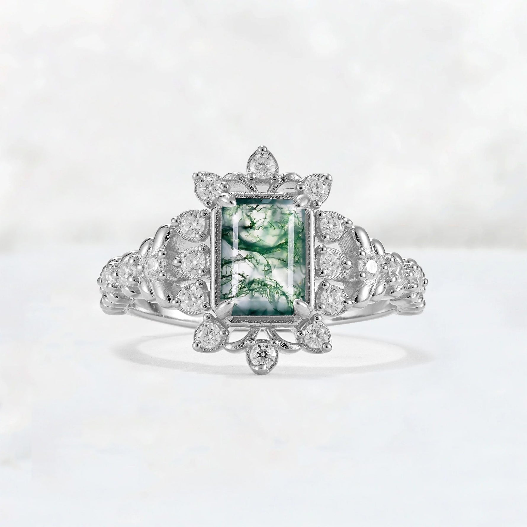 Emerald Cut Moss Agate Floral Halo Leaf Vine Engagement Ring - Additional view