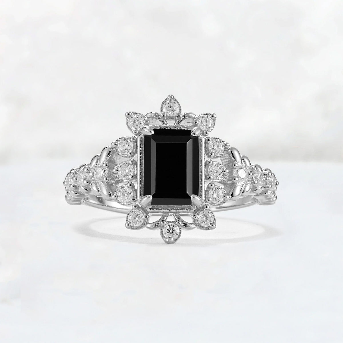 Emerald Cut Black Onyx Floral Halo Leaf Vine Engagement Ring - Additional view