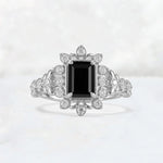 Emerald Cut Black Onyx Floral Halo Leaf Vine Engagement Ring - Additional view
