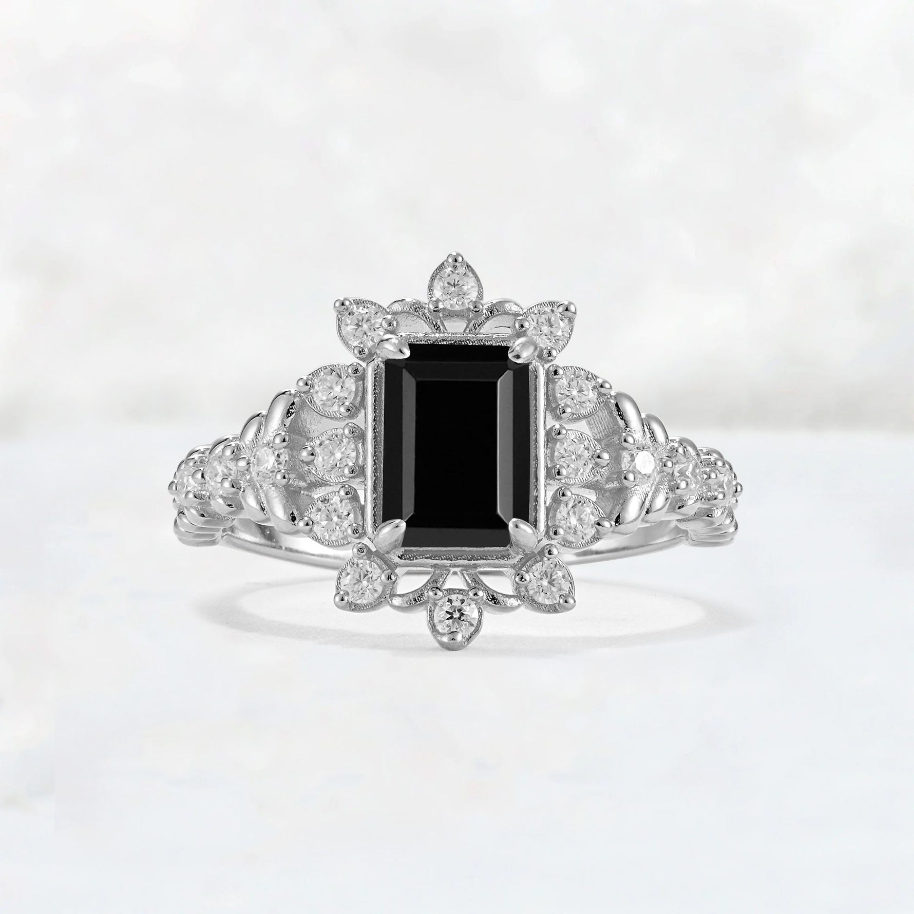 Emerald Cut Black Onyx Floral Halo Leaf Vine Engagement Ring - Additional view