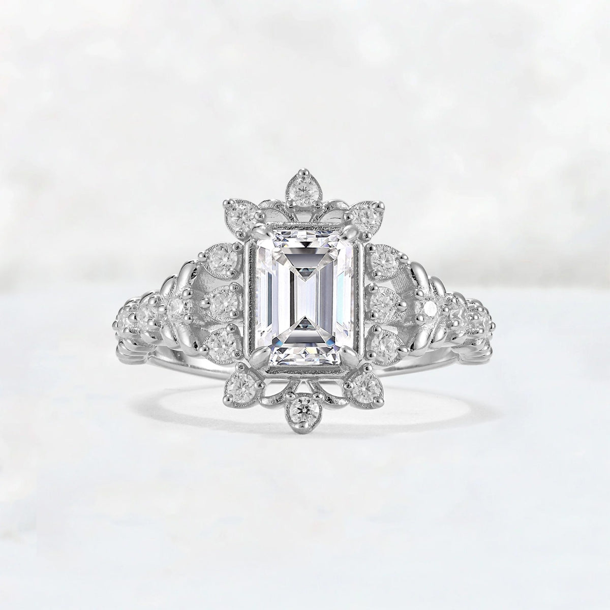 Emerald Cut Lab Diamond Floral Halo Leaf Vine Engagement Ring - Additional view