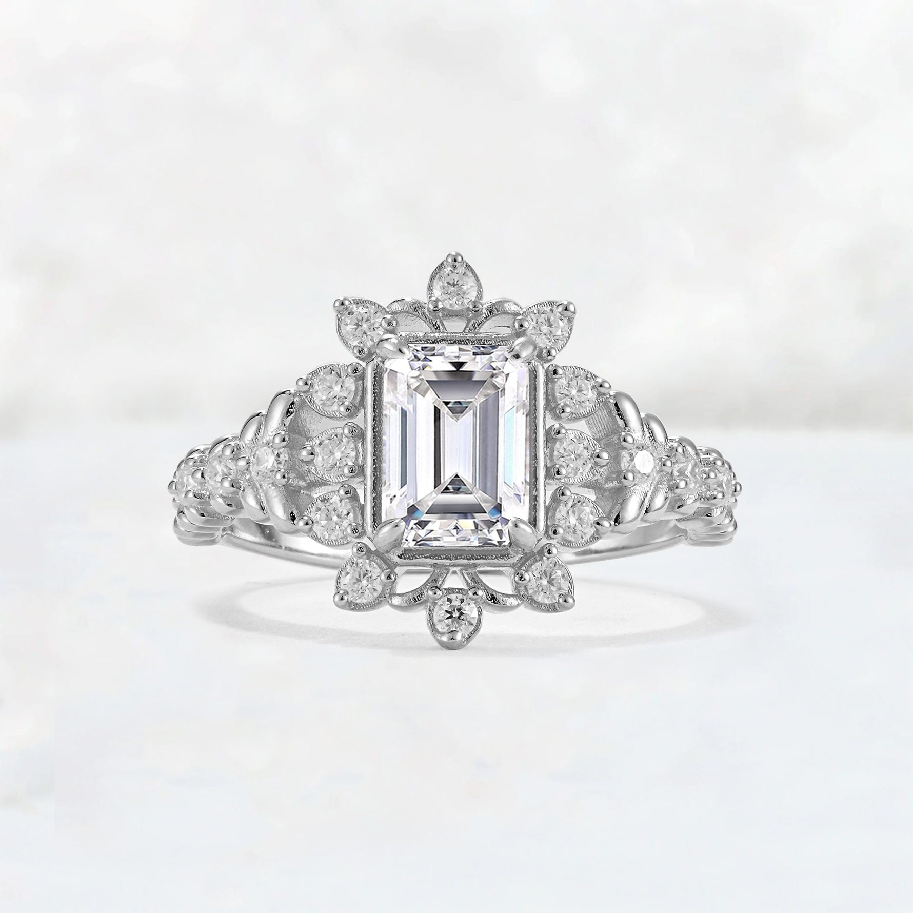 Emerald Cut Lab Diamond Floral Halo Leaf Vine Engagement Ring - Additional view