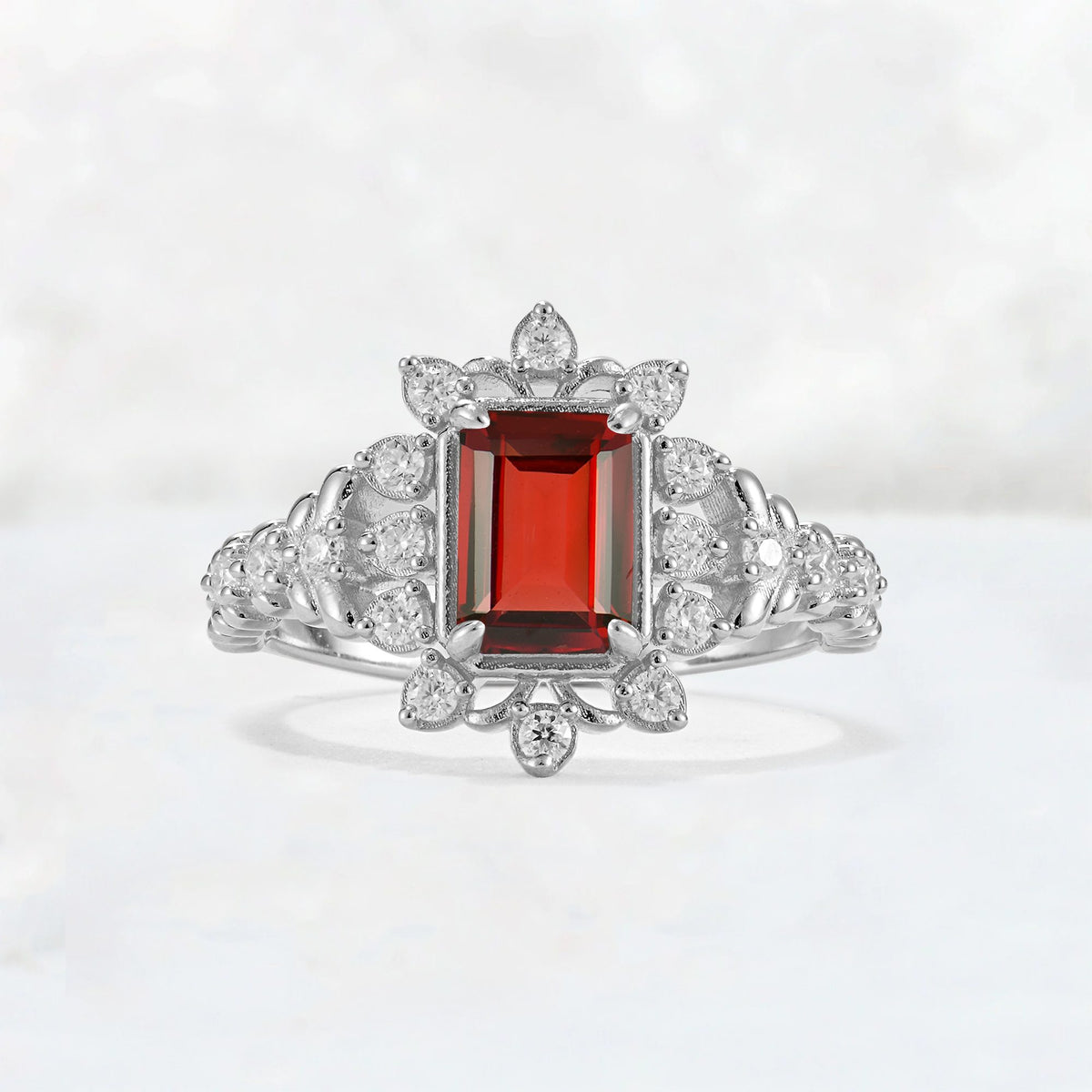 Emerald Cut Garnet Floral Halo Leaf Vine Engagement Ring - Additional view