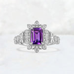 Emerald Cut Amethyst Floral Halo Leaf Vine Engagement Ring - Additional view