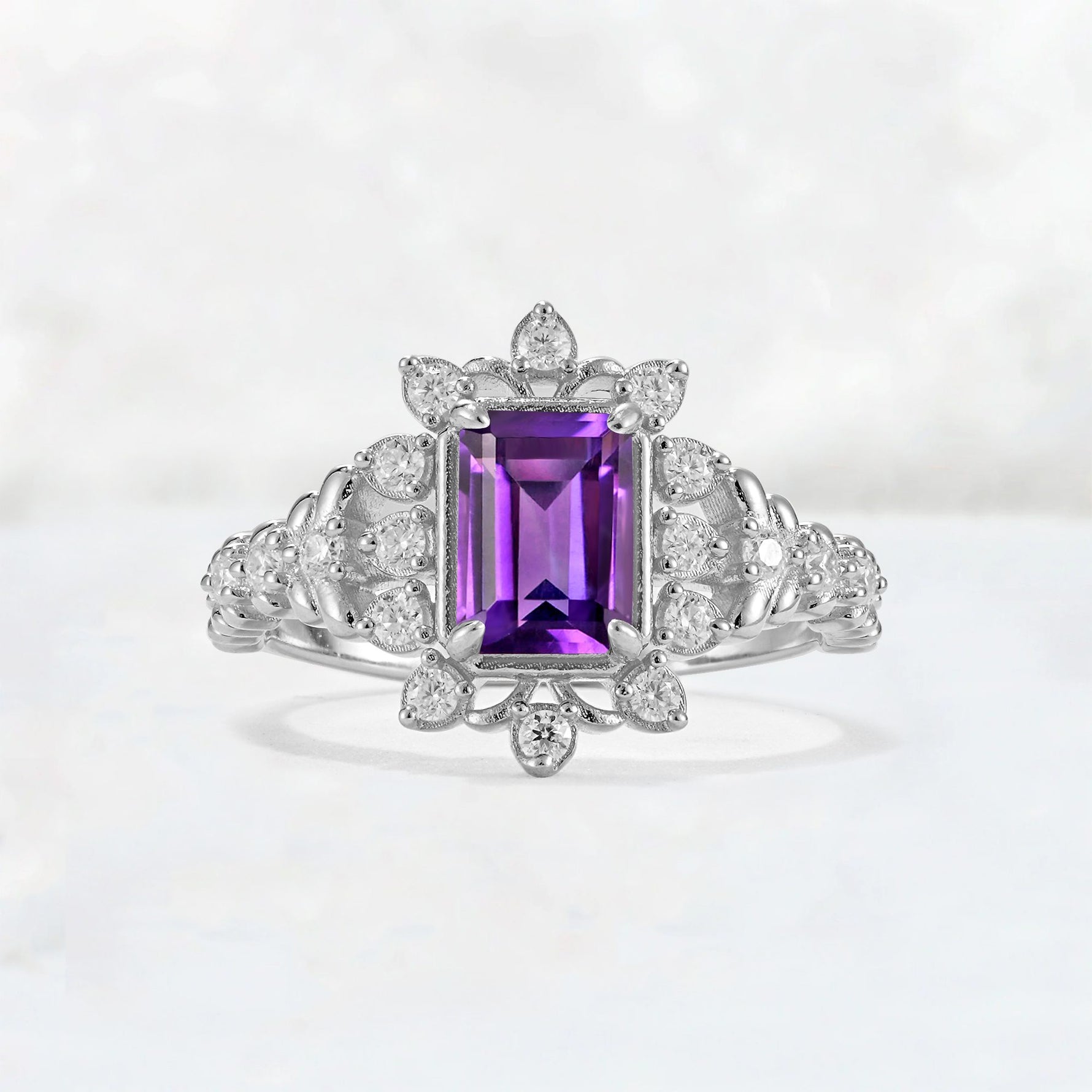Emerald Cut Amethyst Floral Halo Leaf Vine Engagement Ring - Additional view