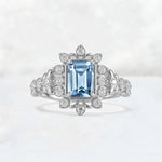 Emerald Cut Aquamarine Floral Halo Leaf Vine Engagement Ring - Additional view