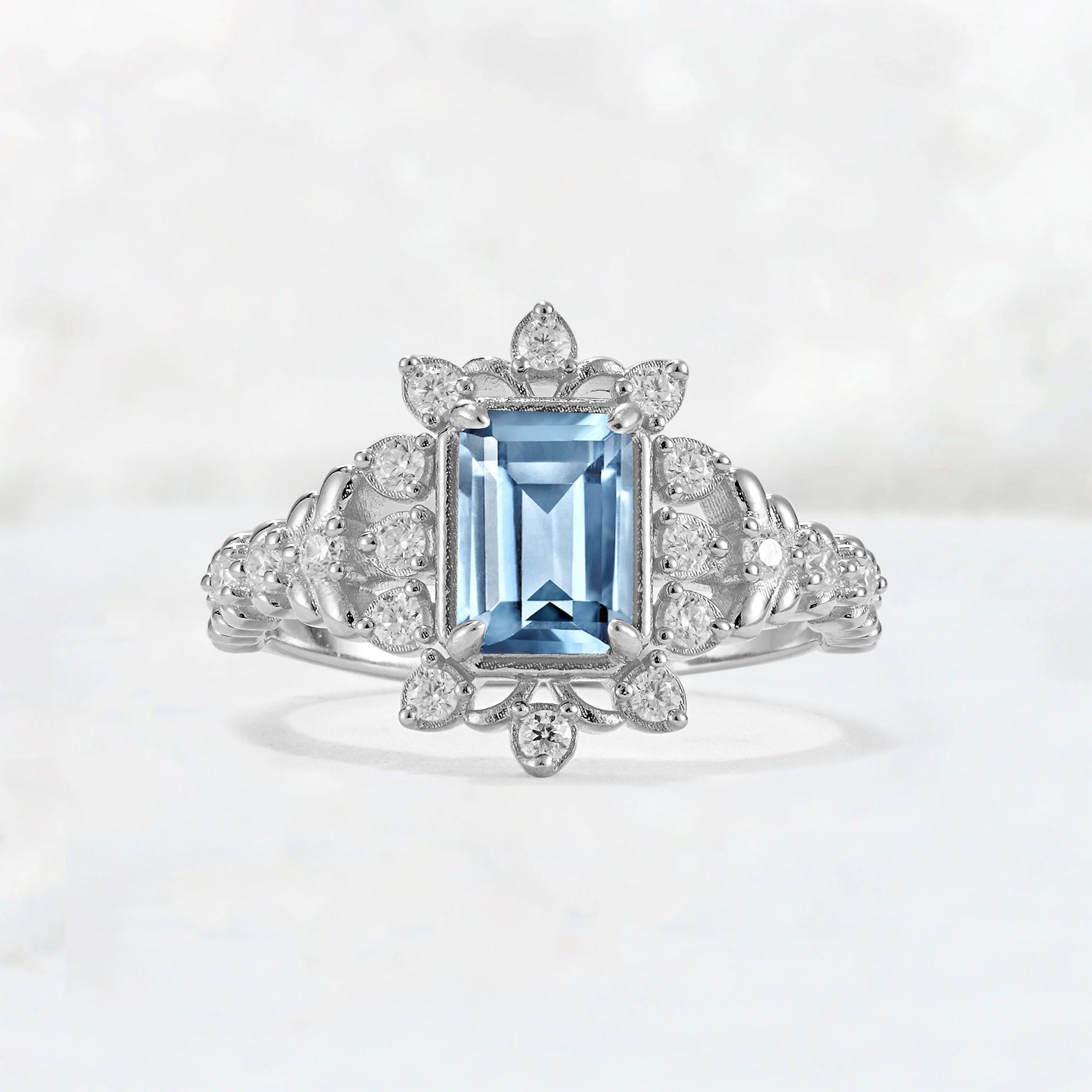 Emerald Cut Aquamarine Floral Halo Leaf Vine Engagement Ring - Additional view