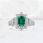 Emerald Cut Emerald Floral Halo Leaf Vine Engagement Ring - Additional view