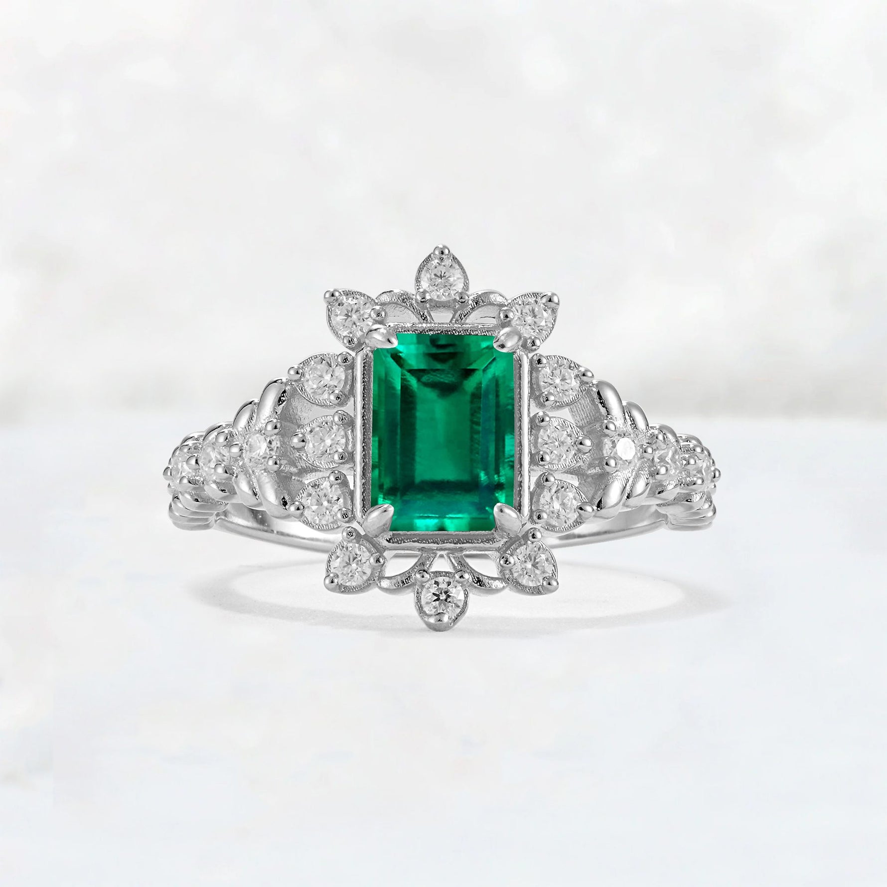 Emerald Cut Emerald Floral Halo Leaf Vine Engagement Ring - Additional view