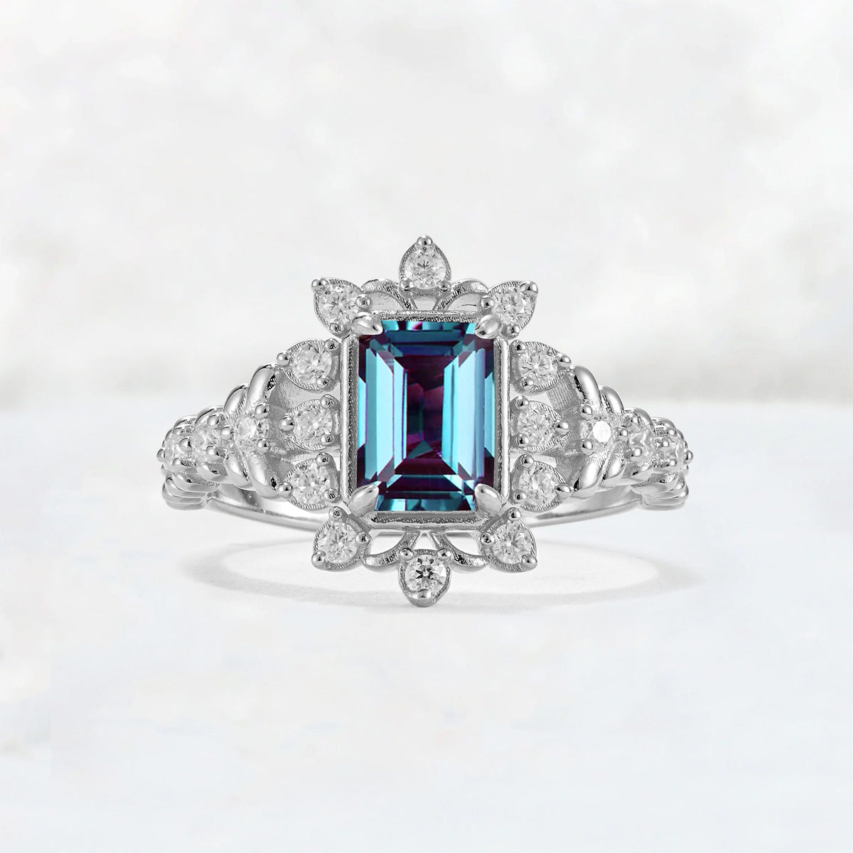 Emerald Cut Alexandrite Floral Halo Leaf Vine Engagement Ring - Additional view