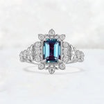 Emerald Cut Alexandrite Floral Halo Leaf Vine Engagement Ring - Additional view