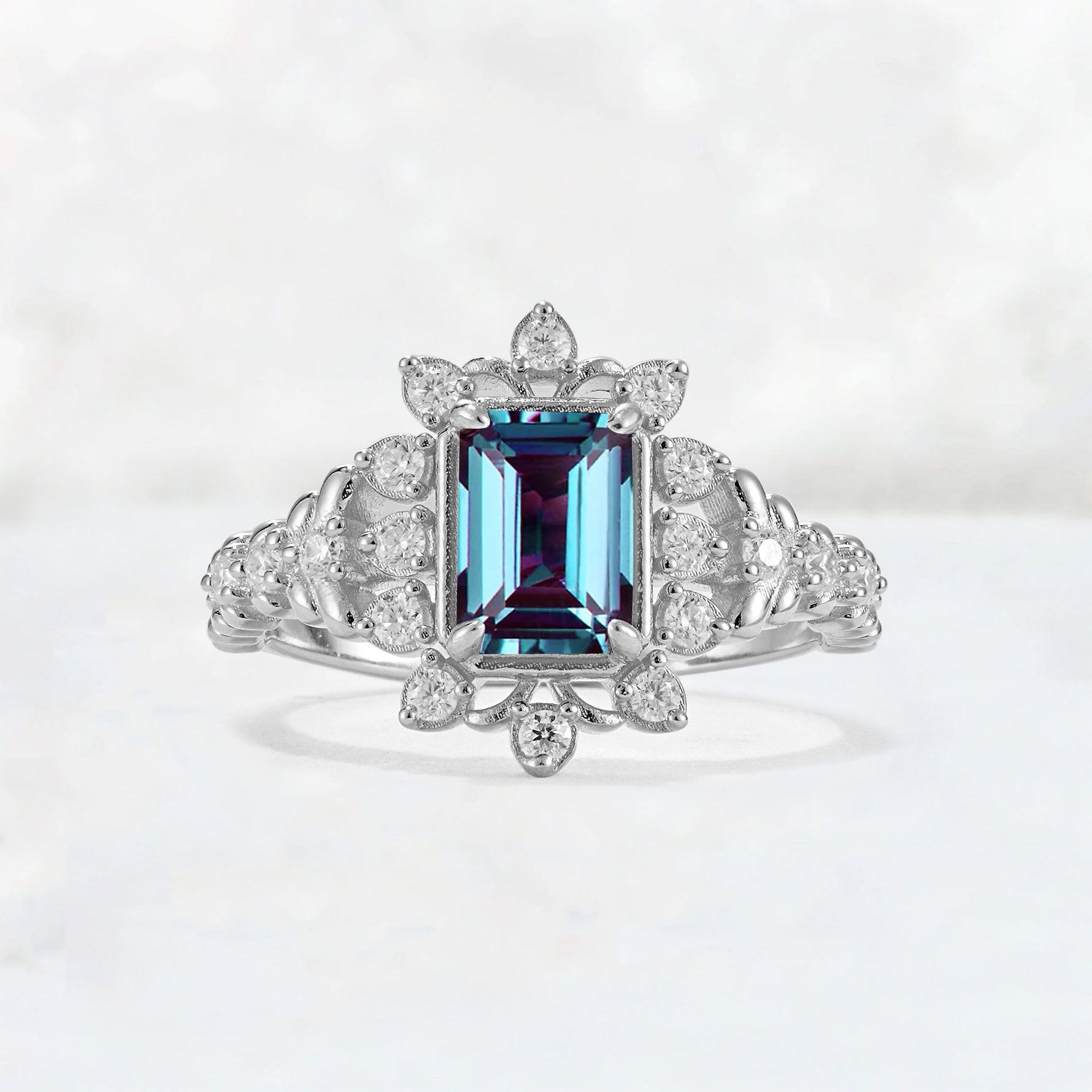 Emerald Cut Alexandrite Floral Halo Leaf Vine Engagement Ring - Additional view