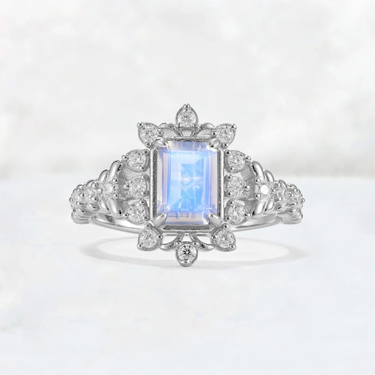 Emerald Cut Moonstone Floral Halo Leaf Vine Engagement Ring - Additional view