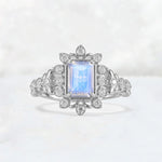 Emerald Cut Moonstone Floral Halo Leaf Vine Engagement Ring - Additional view