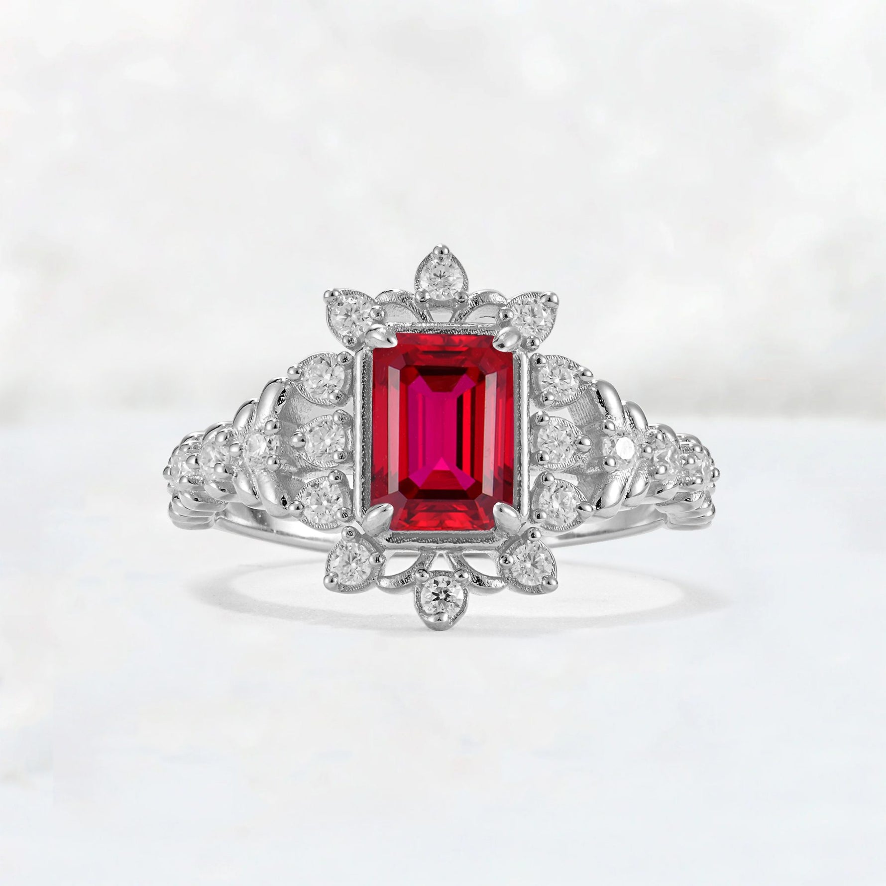 Emerald Cut Ruby Floral Halo Leaf Vine Engagement Ring - Additional view