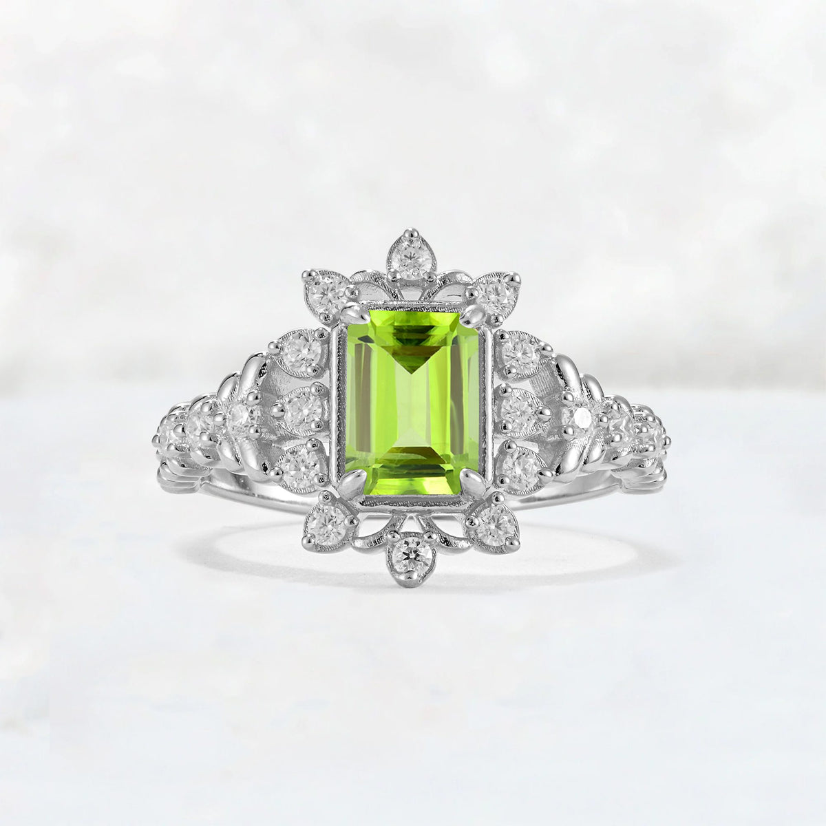 Emerald Cut Peridot Floral Halo Leaf Vine Engagement Ring - Additional view