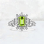 Emerald Cut Peridot Floral Halo Leaf Vine Engagement Ring - Additional view