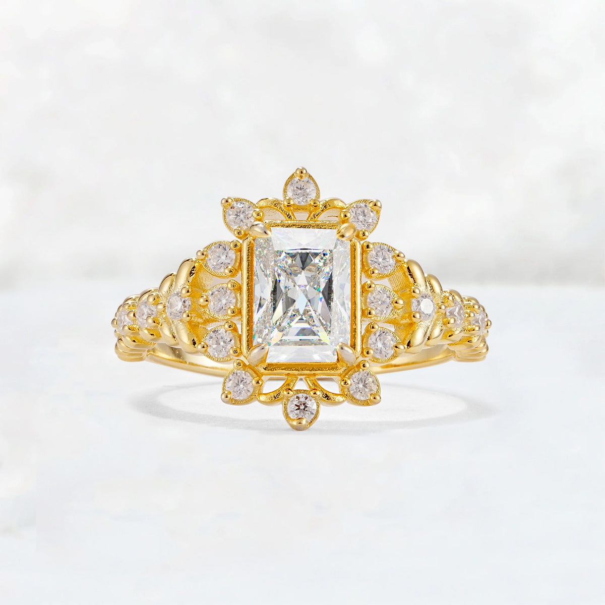 Emerald Cut Moissanite Floral Halo Leaf Vine Engagement Ring - Additional view
